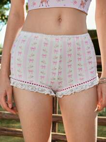 ROMWE Kawaii Women Cute All-Over Print Patchwork Casual Shorts - Apricot - View 1