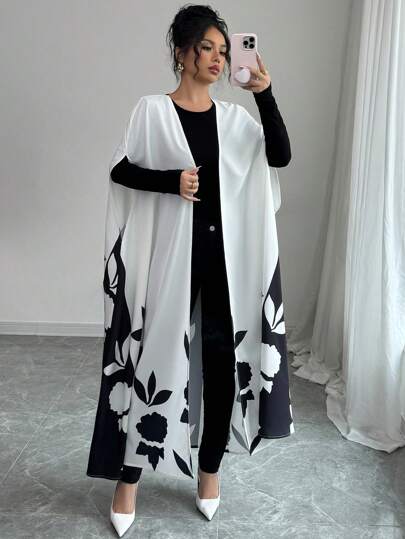 Elenzga Women's Floral Print Batwing Sleeve Long Jacket