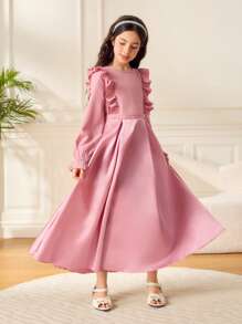 Tween Girls Grey & Pink Ruffle Hem Long Sleeve Dress - Pink - View 5