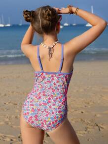 SHEIN Tween Girls Ditsy Floral Halter Waist Hollow Petal One-Piece Swimsuit - Multicolor - View 2