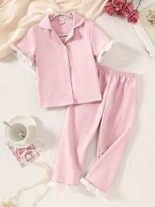 SHEIN Young Girl 2Pcs Set Woven Fabric Crinkle Pink Cardigan With White Ruffle Collar, And White Button Front, Casual Elegant, Long Sleeve & Pants Loungewear Set