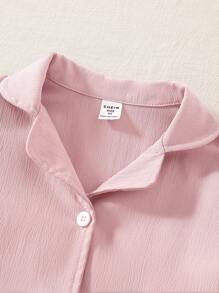 SHEIN Young Girl 2Pcs Set Woven Fabric Crinkle Pink Cardigan With White Ruffle Collar, And White Button Front, Casual Elegant, Long Sleeve & Pants Loungewear Set