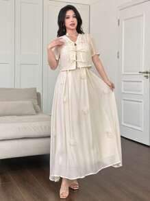 Modelyn 2pcs/Set Women 3D Floral Cinched Waist Sleeveless Top And Camisole Dress Set - Apricot - View 6