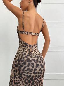 SHEIN EZwear Women's Long Casual Dress, Simple Fashion Leopard Print Strap, Daily Wear - Multicolor - View 3