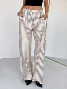 SHEIN Essnce Cargo 女士休闲条纹低腰通勤工装裤 - 白色 - 查看 1