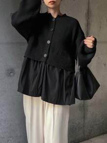 FRIFUL Women's Casual Solid Color Drop Shoulder Lantern Sleeve Cardigan, Autumn/Winter,Long Sleeve Tops - Black - View 3
