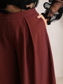 Anewsta Plus Size Loose High Waisted Fold Pleated Pants, Flowy Casual Trousers, Modest Spring/Summer For Women - Burgundy - View 3