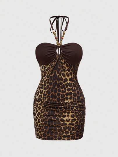 Hippie Vestido mini plisado con parches de leopardo y cuentas, en estilo vintage Y2K "Fairycore" con contrastes de color