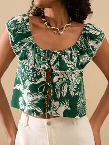 Travachic Blusa con nudo delantero y estampado tropical minimalista, atuendos casuales de vacaciones y verano para mujer, blusas de verano