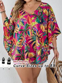 SHEIN CURVE+ 大码 V 领热带花卉印花荷叶边袖宽松衬衫，适合度假穿着