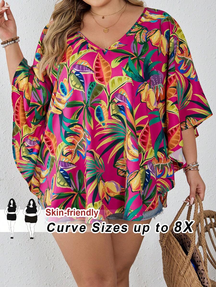 SHEIN CURVE+ 大码 V 领热带花卉印花荷叶边袖宽松衬衫，适合度假穿着