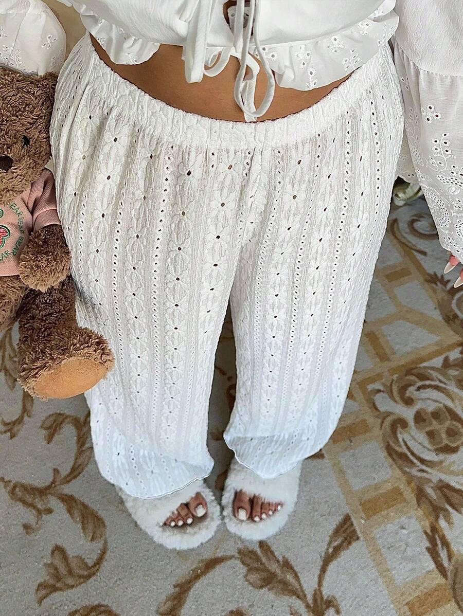 Plus Size Solid Color Simple Neck Casual Long Pants, For Daily Wear And Lounging Fall Cloth For Women - White - View 1