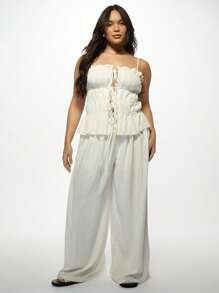 MISSGUIDED PLUS 飘逸阔腿Palazzo裤子褶皱前高腰长裤优雅晚礼服穿宽松合身舒适连衣裙工作裤秋冬 - 米色 - 查看 3