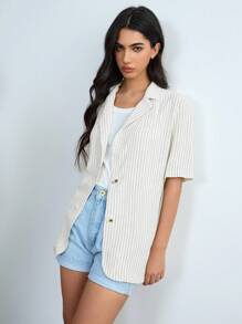 Chiquease Women's Casual Linen Turn-Down Collar Striped Lightweight Suit Jacket, Spring/Summer