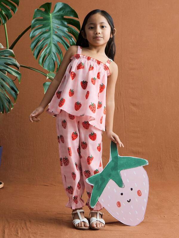 THE HAPPY LOOK Young Boys Ruffle Trim Red Plaid Strawberry Pattern Suspender Top And Elastic Waist Loose Strawberry Print Pants Sets, Cute And Vacation Style