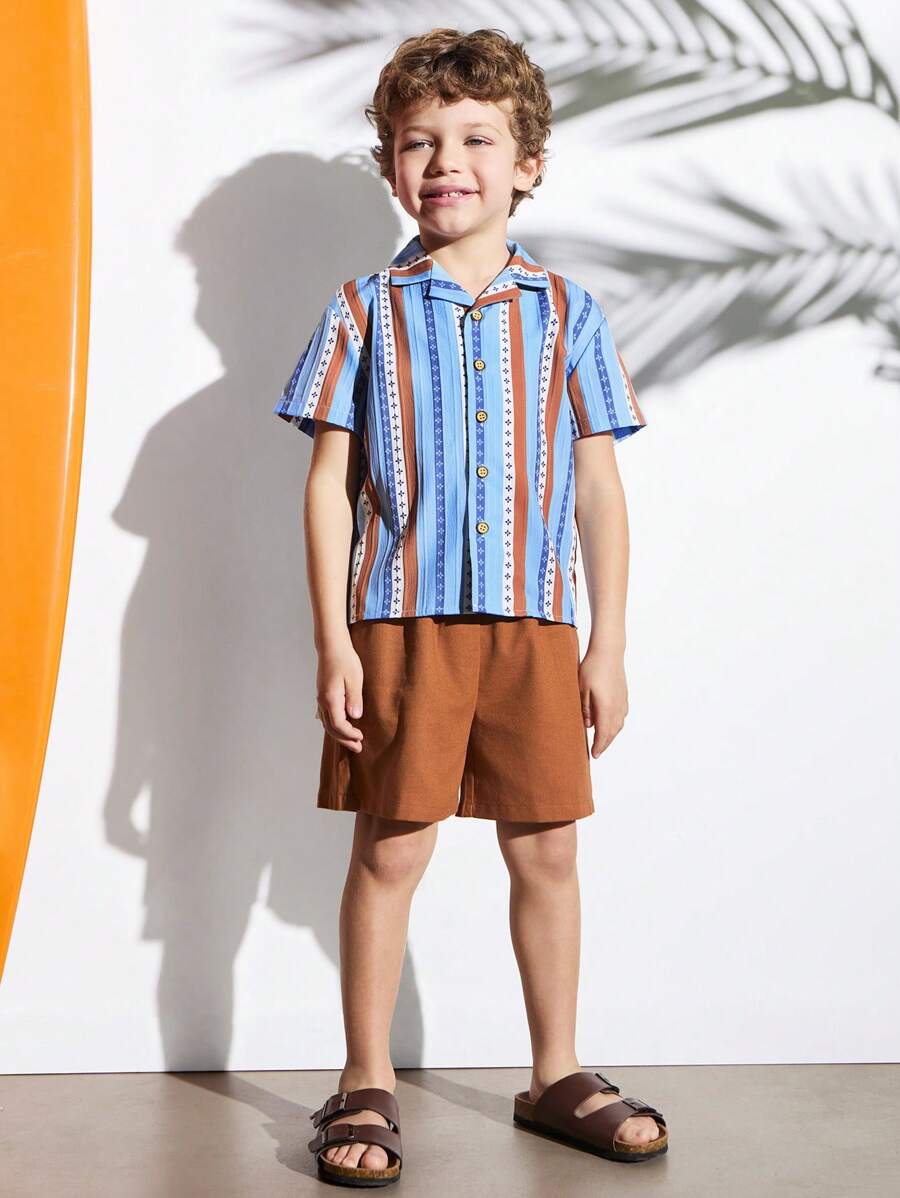 SHEIN Young Boys Striped Retro Style Summer Camp Shirt & Shorts Set - Multicolor - View 1