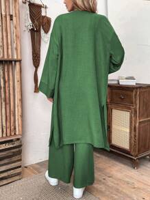 Chiquease 2pcs Women Autumn Linen Loose Long Cardigan And Trousers Set, Casual