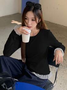 DAZY 女士蕾丝拼布打底T恤，灰色针织毛衣，秋季新款圆领柔软修身上衣长袖女上衣，秋季女装 - 黑色 - 查看 4
