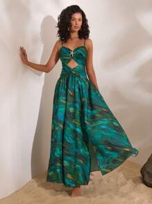 Opulessa 女士编织印花细肩带长开衩连衣裙 - 綠色 - 查看 6