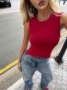 SHEIN Forever 21 Wiosenno-letni damski top bez rękawów, na Walentynki/codzienny/w stylu vintage/festiwal/koncert country/brunch/powrót do domu/Wielkanoc/gościnny/podwieczorek/podstawowy/koncert damski/bal maturalny/ślub/festiwal rave/formalny/western/koktajlowy/klubowy/wiosna/urodziny/uroczy/elegancki/wyjścia/wakacje/do biura/na lotnisko/w stylu lat 2000./odzież uliczna/bez rękawów z wyciętym paskiem w kolorze czerwonym