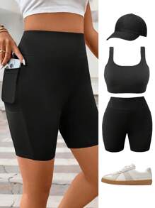 Calvaya Plus Size Black High Waist Slim Fit Casual Shorts With Side Pockets, Versatile And Figure Flattering Design, Summer