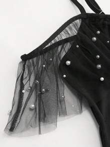 SHEIN LUNE Bộ đồ liền thân hở vai lưới đính hạt cỡ lớn - màu đen - Xem 3