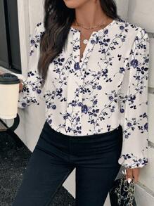 SHEIN Clasi Casual Vintage Floral Pattern Round Neck Long Sleeve Plus Size Shirt, Suitable For Spring/Summer - Apricot - View 4