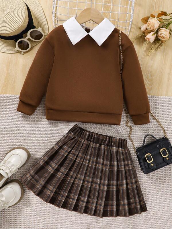 SHEIN Young Girl Contrast Collar Sweatshirt & Plaid Pleated Skirt