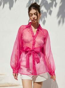 Chiquease Áo cánh tay bồng bằng vải organza mỏng gợi cảm cổ điển thanh lịch có eo thắt nơ, màu hồng - Màu Hồng Tươi - Xem 4