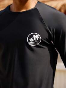 Surfspeed 2pcs/Set Men's Palm Tree Print Raglan Sleeve Top And Swim Shorts Swimsuit Set - Multicolor - View 4