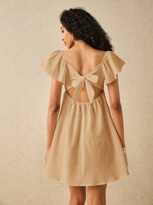 SHEIN Frenchy Vestido de mujer con espalda descubierta, escote calado y volantes, de unicolor y manga corta