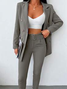 EURMUSE 女式纯色双排扣夹克和裤子套装 - 淺灰色 - 查看 6