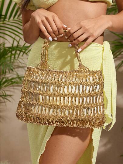 SHEIN SXY Bolsos de asa superior para damas y mujeres, de color dorado, de ganchillo, de moda, elegantes, sencillos, personalizados, versátiles, para la playa, las vacaciones, los días festivos, el verano, la