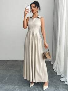 Chiquease Women Elegant Pleated Sleeveless Collared Dress