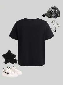 Girls' Black Minimalist Neon Graphic Print Round Neck Short Sleeve T-Shirt