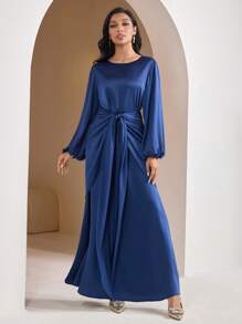 Veilorie Vestido longo casual feminino, cor sólida simples e fashion para uso diário - Azul marinho - Ver 5
