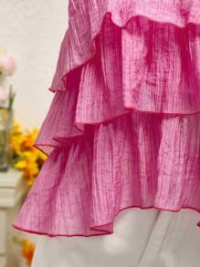 Elamini Blusa con volantes y volados de unicolor para uso diario y vacaciones de mujer - Rosa - Ver 3