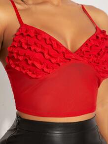 SHEIN SXY Spring/Summer Valentines Day Clothes Elegance Wedding Guest Old Money BOHO Vacay Red High Stretch Knit Mesh Strap Semi-See-Through Short Tank Top With Ruffled Pleats - Red - View 6