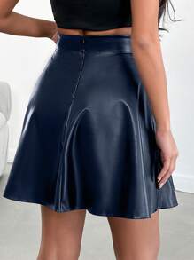 EURMUSE Women Solid Color PU Leather A-Line Mini Skirt - Navy Blue - View 2