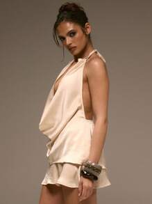 MUSERA Hammered Satin Draped Halter Neck Top Western Summer Holiday Ibiza Beachwear , Autum, Winter, - Yellow - View 2