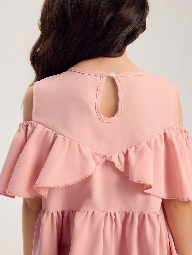 Tween Girl Cute & Elegant Ruffle Ruffle Pink Dress For Everyday Wear - Pink - View 4