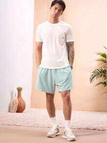 Manfinity VCAY Unisex Casual Knit Mid-Waist Elastic Waist Straight Leg Solid Color Shorts, Suitable For Daily Wear - Mint Green - View 6