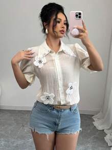 Elenzga Blusa de botones con mangas abombadas y diseño floral 3D elegante y de moda para mujer, ropa de resort para mujer