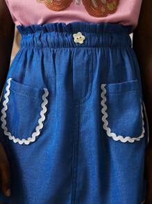 SHEIN Young Girl Denim Flower Button Ruffle Pocket Flare Mini Skirt - Multicolor - View 5