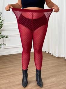 SHEIN CURVE+ Plus Size Women's Transparent Mesh Sexy And Enchanting Black Leggings And Leggings,Valentine's Day - Burgundy - View 6
