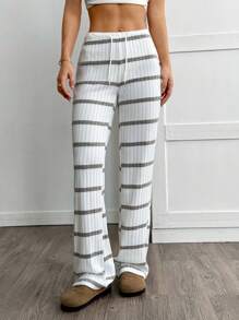 SHEIN EZwear 女式休闲百搭拼色条纹抽绳腰裤 - 灰色 - 查看 5
