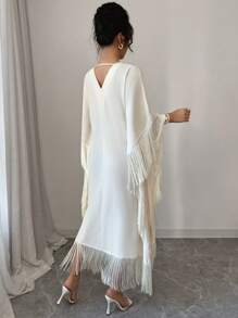 Elenzga Đầm midi tua rua tua rua màu trơn cổ chữ V cho nữ tay cánh dơi - Màu be - Xem 2