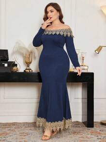 Modelyn Plus Size Elegant Party Lace Trim Off Shoulder Fishtail Dress