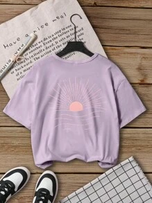Young Girl Vacation Casual Sun Print Short Sleeve T-Shirt - Mauve Purple - View 2