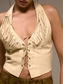 MUSERA 仿皮系带流苏上衣，适合节日、西部风情、夏季、假日、伊比沙岛、秋季、冬季穿着。 - 黃色 - 查看 5